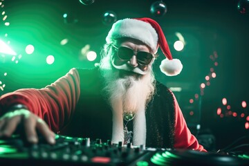 A Christmas party with a cool, modern Santa DJ, mixing holiday tunes for an emotional celebration.