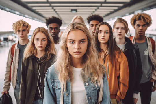 Group photo of a diverse group of teenagers, looking at the camera, wearing trendy clothes, airport terminal, summer ,group of people in a hall