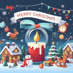 Christmas illustration concept. Snowman, candle and christmas tree on the snow.