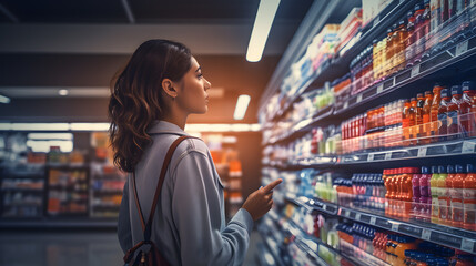 Young woman comparing products in a grocery store - obrazy, fototapety, plakaty