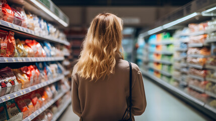Young woman shopping in the supermarket grocery store