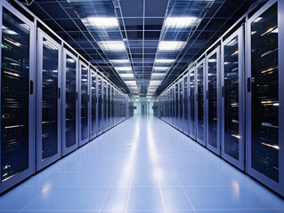 A panoramic view of a futuristic data center equipped with advanced technology and servers.
