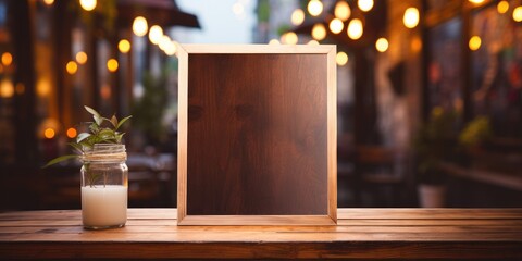Mockup Wooden menu in evening restaurant, space for your text. Generative AI - obrazy, fototapety, plakaty