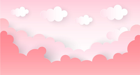 Beautiful paper cut pink  sky with clouds . Vector background