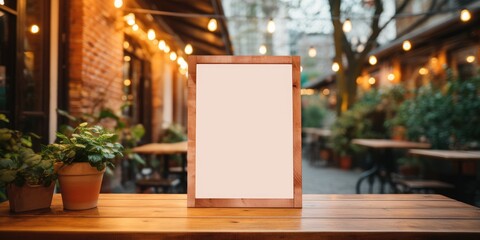 Mockup for menu in wooden frame on table, space for your text or product. Generative AI