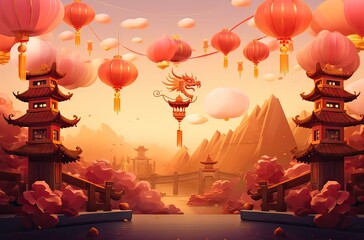 chinese new year background, with red lanterns, chinese architecture and the dragon