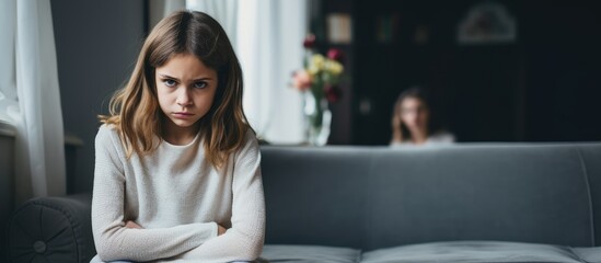 Upset daughter on couch facing away from mother post argument at home - obrazy, fototapety, plakaty