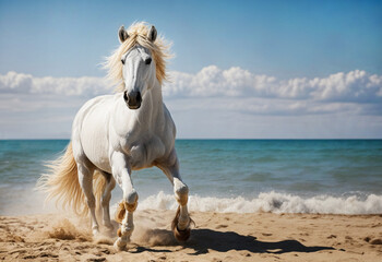 Imposing white stallion trots majestically on the beach with the wind blowing on his splendid golden mane and the sun making his white coat bathed in the saltiness of the blue sea shine.