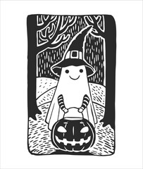 Vector hand-drawn illustration with a child dressed as a ghost. Trick-or-Treater in Halloween costume with lantern pumpkin in linocut style.