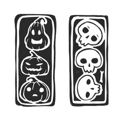 Vector hand-drawn illustrations with pumpkins and skulls in linocut style. Two stamps with Halloween symbol.