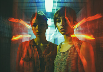 Two girls standing in an hall, in the style of neon hallucinations, double exposure.