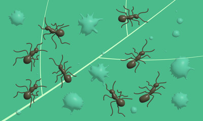 Black ants on green leaf with water drops in 3D design illustration. Black ants on green leaf with water drops in 3D design illustration.