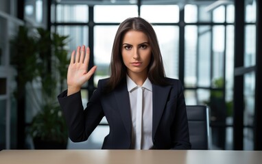 Businesswoman is showing her hand a stop sign
