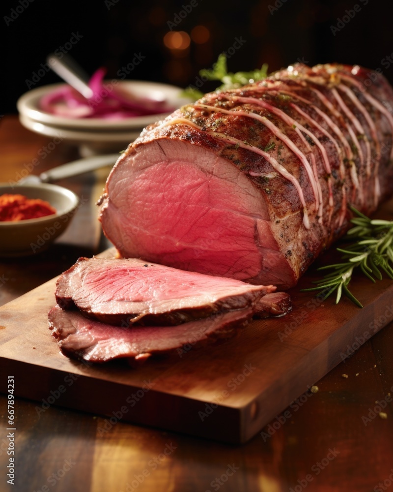 Poster captured from a unique perspective, a sliced prime rib roast showcases the mesmerizing variation in 