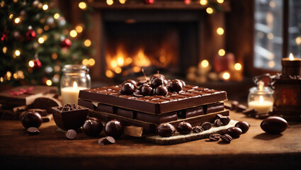 Cioccolata su un tavolo natalizio con caminetto e albero di Natale - obrazy, fototapety, plakaty