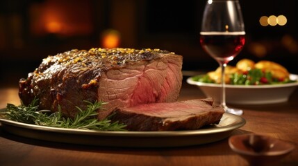 Glistening with natural juices, a luscious prime rib roast steals the spotlight in this closeup shot. The herbinfused crust adds a delicate crunch to the thick, succulent slice, while its
