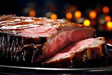 A slice from a perfectly cooked prime rib roast is laid on a sleek black plate, its glistening surface mirroring the surrounding ambience. The forktender meat rests atop a bed of its own