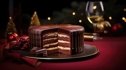 Fototapeta na wymiar A festive twist on a beloved classic, this innovative pudding boasts layers of rich, velvety dark chocolate ganache interspersed with airy sponge cake, infused with the bold flavors of coffee