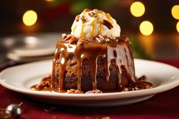 This enchanting Christmas pudding offers a delightful surprise at its core, as a hidden layer of luscious salted caramel is veiled within a light, ed gingerbread cake, topped with a heavenly - obrazy, fototapety, plakaty