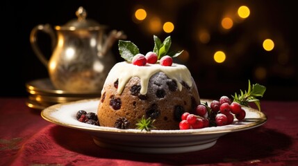 Fototapeta na wymiar A symphony of flavors and textures awaits in this captivating Christmas pudding, featuring a moist and boozy sponge studded with tart cranberries, plump cherries, and delicate slivers of