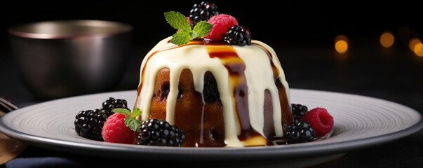 An irresistible twist on the classic, this modern interpretation of the Christmas pudding showcases a delicate vanillainfused cake, studded with juicy blueberries and plums, and served alongside