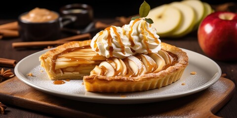An elegant swirl of brandyinfused er adorning a slice of warm apple tart. As the er melts into the flaky pastry, it blends with the sweet, tart apples and creates a harmonious balance of - obrazy, fototapety, plakaty