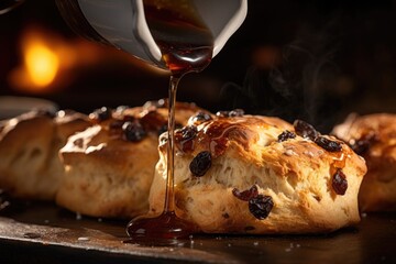A glistening smear of brandy er melting into the deep crevices of a freshly baked raisin scone. The ery goodness amplifies the scones subtly sweet flavor, making it the perfect accompaniment - obrazy, fototapety, plakaty
