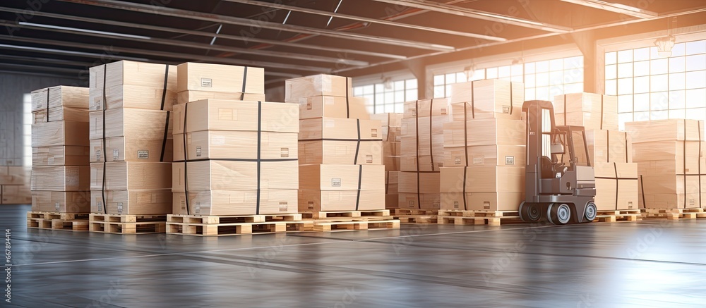 Poster stacked cartons and boxes loaded into shipping containers on pallets at a distribution warehouse for
