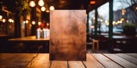 Wooden menu in a beautiful eco cafe or restaurant, space for your text. Generative AI