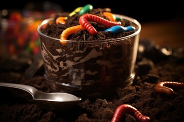 Immerse yourself in a delightful sensory experience with our Worms in dirt treat. Dark chocolate pudding mingles with crushed chocolateflecked cookies, providing a striking contrast between - obrazy, fototapety, plakaty