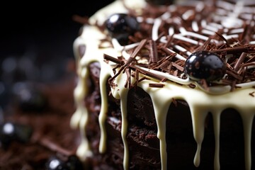 A decadent, dark chocolate cake lies beneath an intricately spun white chocolate spiderweb, elevating both taste and presentation into a hauntingly beautiful culinary masterpiece. - obrazy, fototapety, plakaty