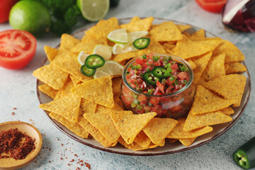 Fresh homemade pico de gallo with corn chips