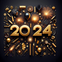 New Year golden 2024 number midnight hour illustration concept.