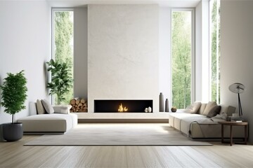 Fototapeta na wymiar Simplistic living room with white walls and contemporary fireplace. Mockup rendering. Generative AI