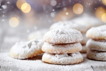 A touch of love is added to these cookies with a dusting of powdered sugar, creating an ethereal effect reminiscent of a gentle snowfall. - obrazy, fototapety, plakaty