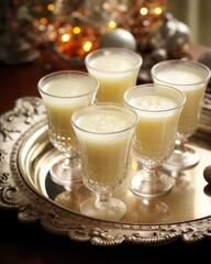 An artistic composition featuring a set of antique glass cups, each delicately filled with eggnog. The glasses are arranged in a neat pattern, with an ornate silver s resting beside them,