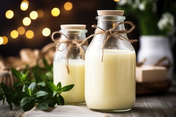 A mouthwatering image of a transparent glass bottle, showcasing a homemade version of eggnog. The bottle is adorned with a charming twine bow and a sprig of fresh mint, hinting at the recipes