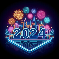 New Year 2024 illustration concept. Neon New Year 2024 number against the fireworks and city at midnight.
