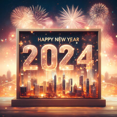 New Year 2024 illustration concept. Gold Happy New Year 2024 sign against fireworks and city at midnight.