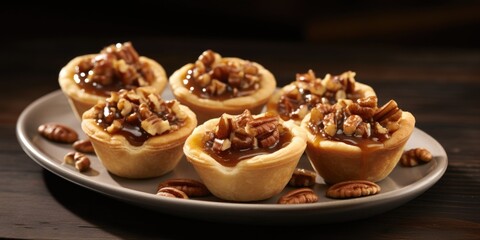 Obraz na płótnie Canvas A modern twist on a beloved classic, featuring individual pecan pie bites in a bitesized format. Each mini tartlet showcases a perfectly formed crust holding a generous dollop of pecan filling,