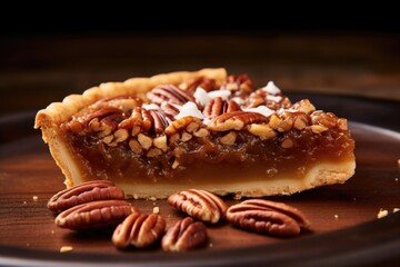 Obraz na płótnie Canvas A heavenly slice of er pecan pie, showcasing a velvety smooth filling with a ery undertone that perfectly complements the caramelized pecans. The slice is adorned with a sprinkling of toasted