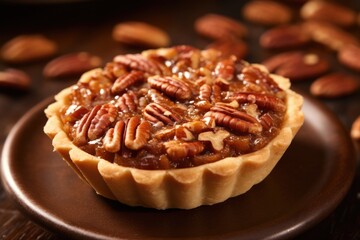 A charming individual pecan pie tartlet, boasting a flaky pastry crust molded into a dainty bowl shape, skillfully filled with a delightful mixture of crushed pecans and a hint of cinnamon, - obrazy, fototapety, plakaty