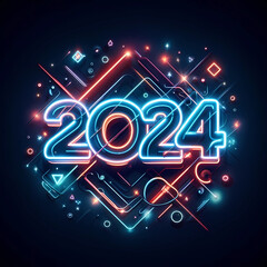 New Year 2024 illustration concept. Neon New Year 2024 number against the fireworks and city at midnight.