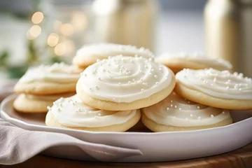 Fotobehang Simple yet irresistible, these frosted sugar cookies are enveloped in a smooth layer of velvety frosting that melts in your mouth, revealing a delicate sweetness that is impossible to resist. © Justlight