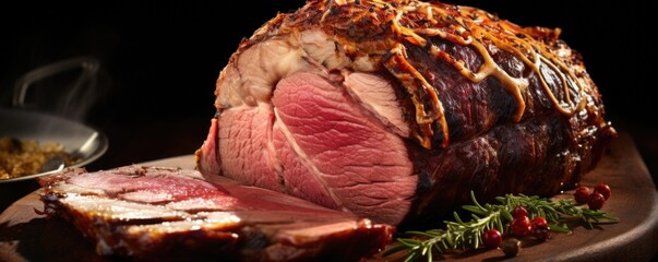 In this enticing food shot, a crosssection of prime rib roast unveils its impressive marbling pattern. As the picture zooms in, the ripples of fat melt into the meat, imparting a distinct