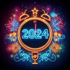New Year 2024 illustration concept. Neon New Year 2024 number against the fireworks and and clock at midnight.