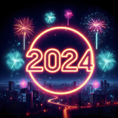 New Year 2024 illustration concept. Neon New Year 2024 number against the fireworks and city at midnight.