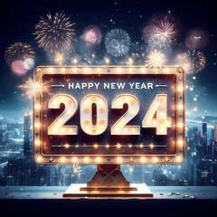 New Year 2024 illustration concept. Gold Happy New Year 2024 sign against fireworks and city at midnight.