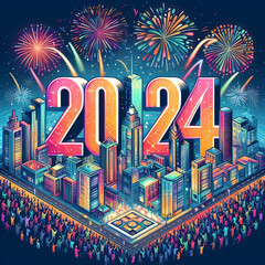New Year 2024 illustration concept. Colorful New Year 2024 number against the fireworks and city at midnight.