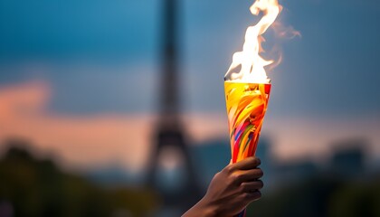 African american hand raising the olympic torch in front of the Eiffel tower, Paris - obrazy, fototapety, plakaty
